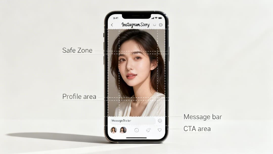 iPhone displaying Instagram Story layout with highlighted safe zones, profile, message bar, and CTA.