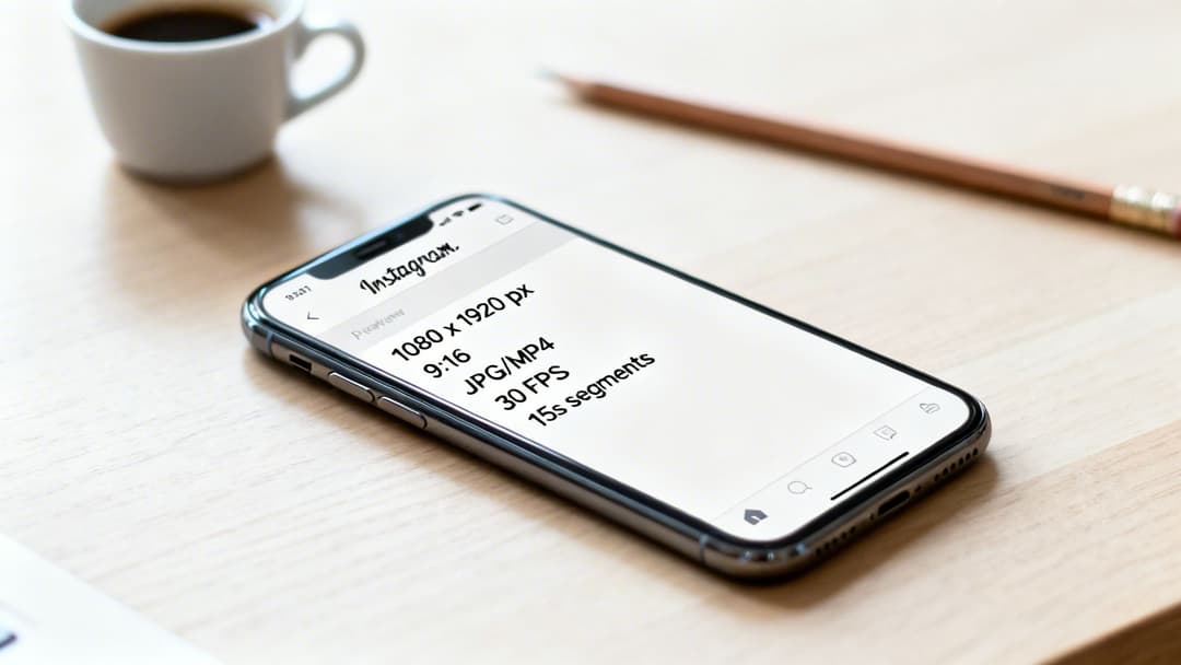 An iPhone displaying Instagram story specifications on a wooden desk with a coffee cup and pencil.
