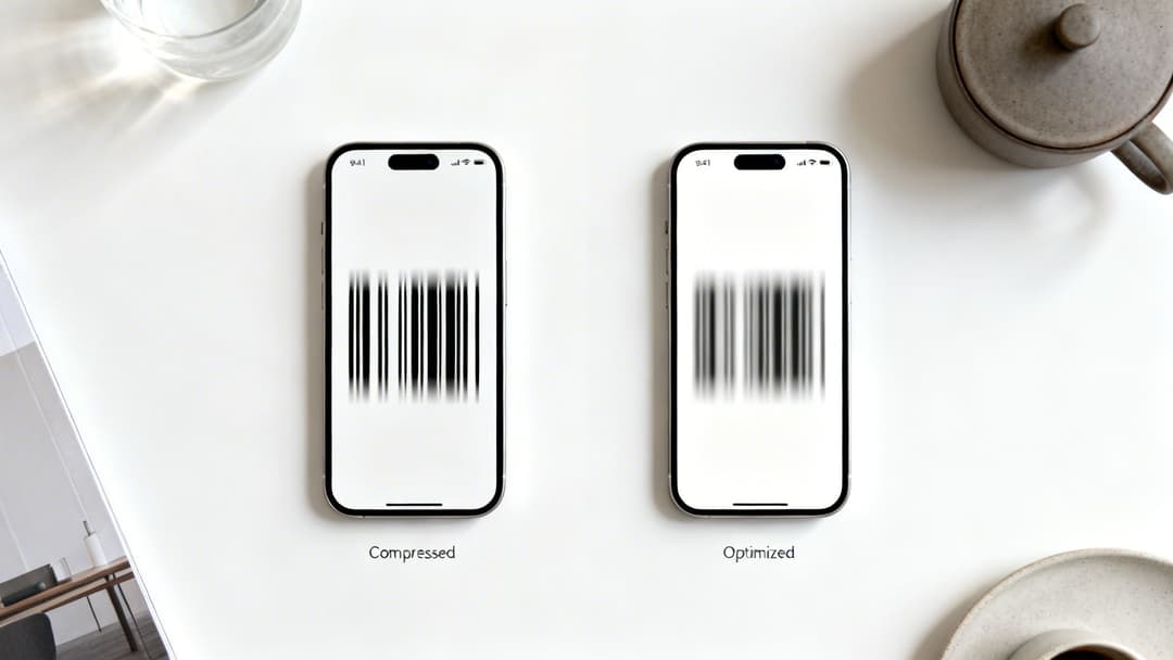 Two smartphones on a white desk, comparing a sharp barcode labeled 'Compressed' with a blurry one labeled 'Optimized'.