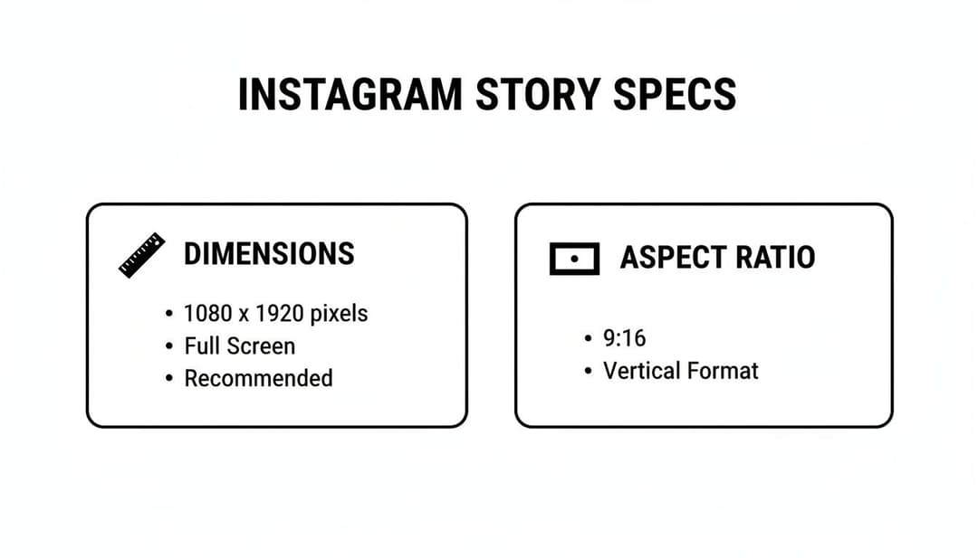 Instagram Story specifications, detailing recommended dimensions (1080x1920 pixels, full screen) and 9:16 vertical aspect ratio.