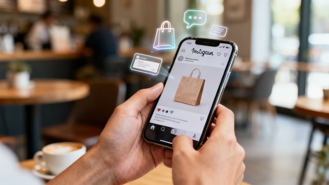 Person using smartphone in a cafe, browsing Instagram with shopping and message icons floating around.