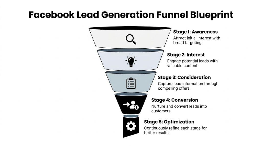 A five-stage funnel diagram illustrating the Facebook lead generation blueprint from awareness to optimization.