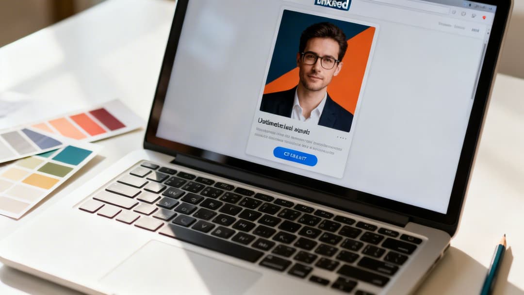 A laptop on a desk displaying a man's professional profile on LinkedIn, next to color palettes and a pencil.