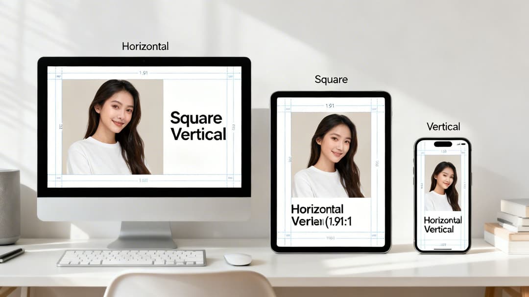 Three screens display a woman's portrait in horizontal, square, and vertical aspect ratios with dimension guides.