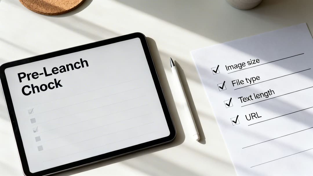 A tablet and paper checklist for pre-launch, showing image size, file type, and URL checks.