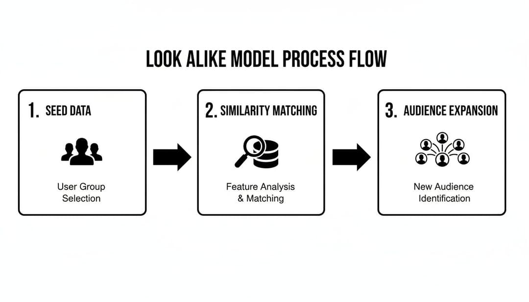 Flowchart illustrating the look-alike model process, including seed data, similarity matching, and audience expansion steps.