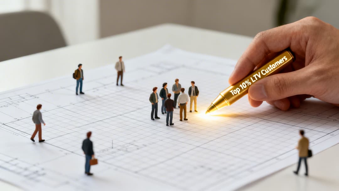A hand highlights a group of miniature people on a blueprint with a glowing pen labeled "Top 10% LTV Customers".