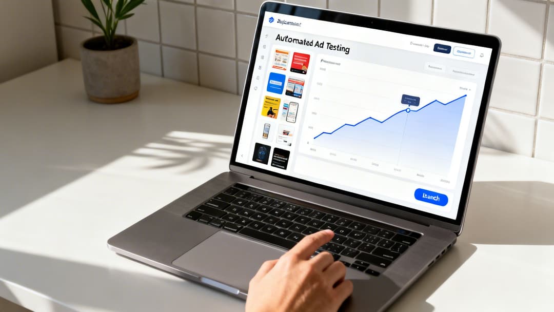 A hand typing on a laptop displaying an 'Automated Ad Testing' dashboard with a blue line graph.