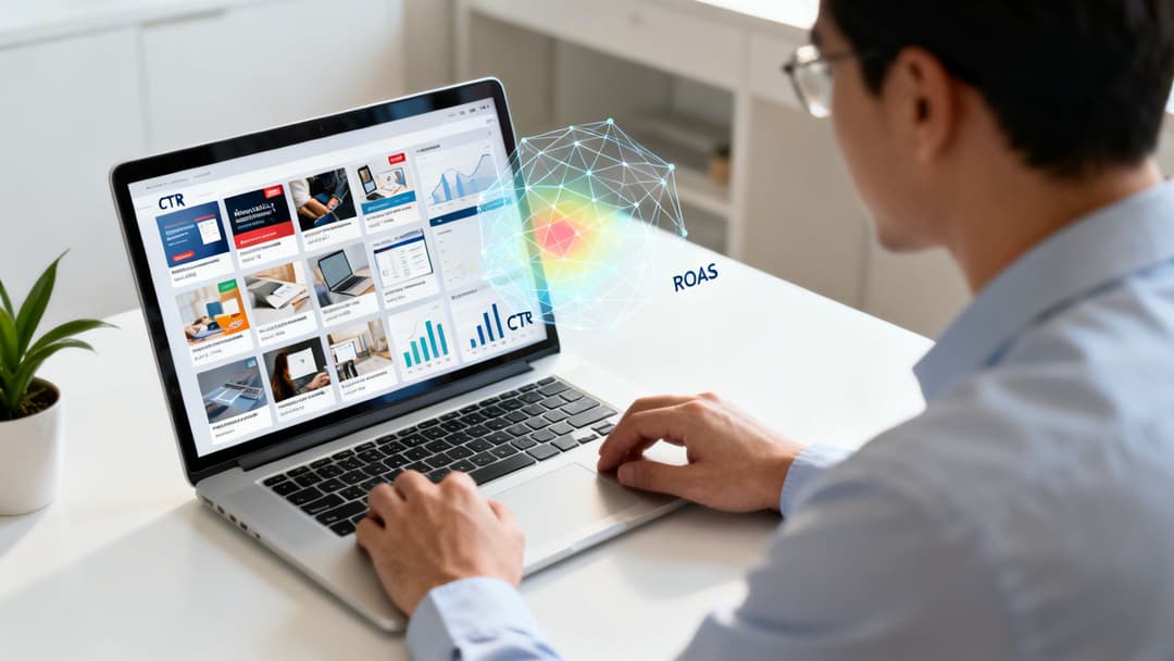 A person views a laptop screen displaying marketing analytics, charts, CTR, and ROAS metrics.