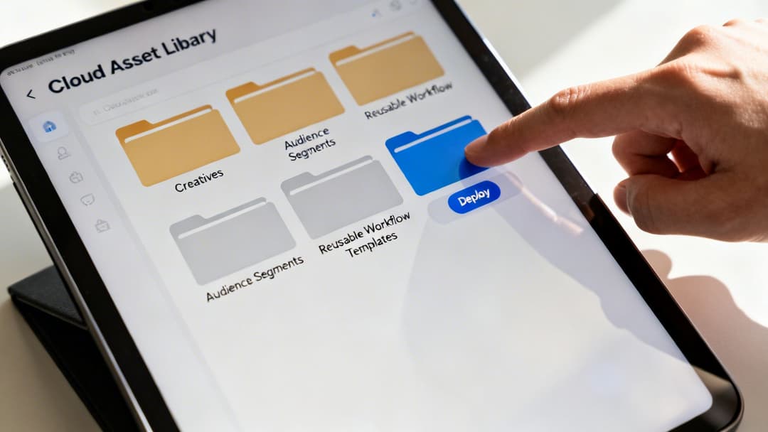 A hand taps a blue folder icon labeled 'Deploy' on a tablet screen showing a cloud asset library interface.