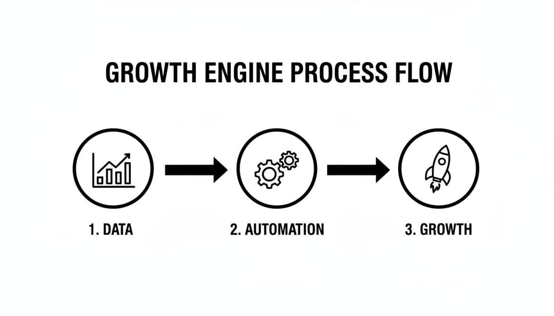 A growth engine process flow diagram showing three steps: 1. Data, 2. Automation, and 3. Growth, represented by icons.
