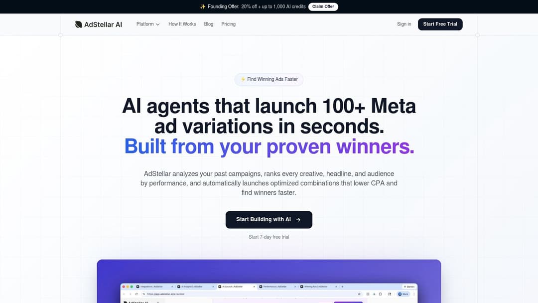 AdStellar AI platform showing campaign performance and automation features