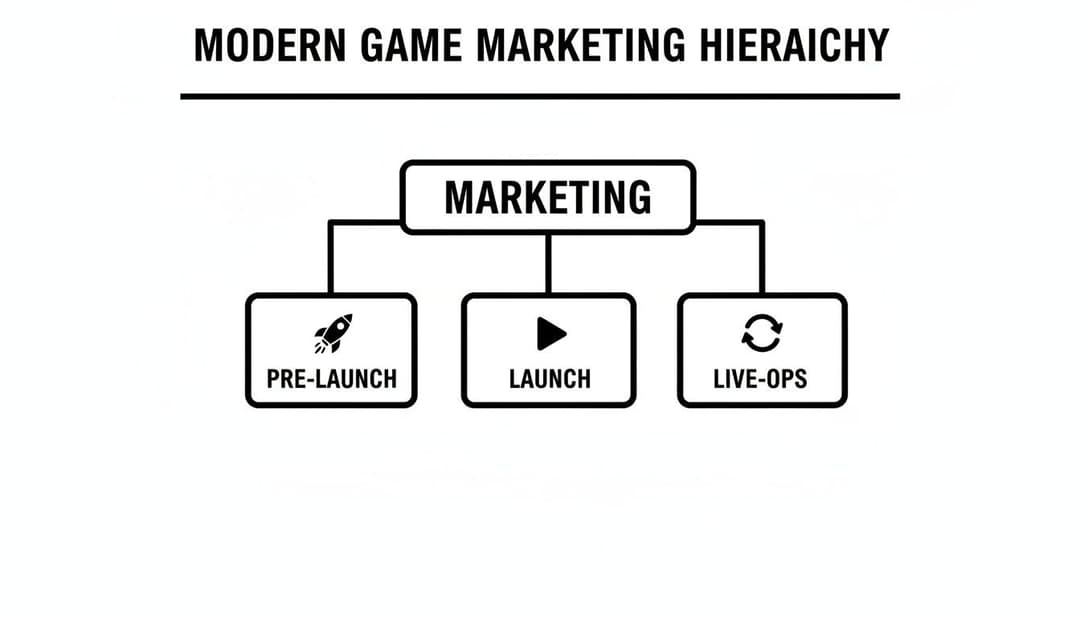 A diagram illustrating the modern game marketing hierarchy, featuring pre-launch, launch, and live-ops phases.