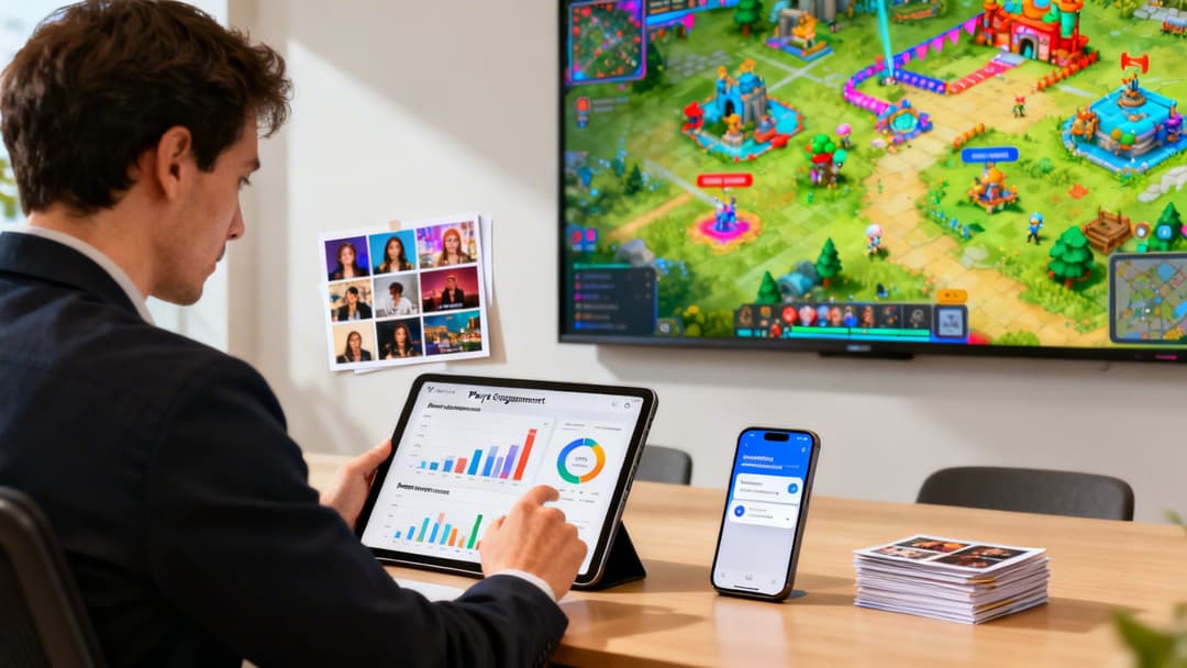 Professional analyzes game marketing data on a tablet, with a vibrant video game displayed on a monitor.