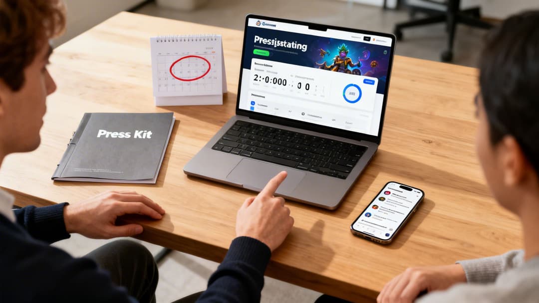 Two men discuss a video game presentation on a laptop, with a press kit and calendar nearby.