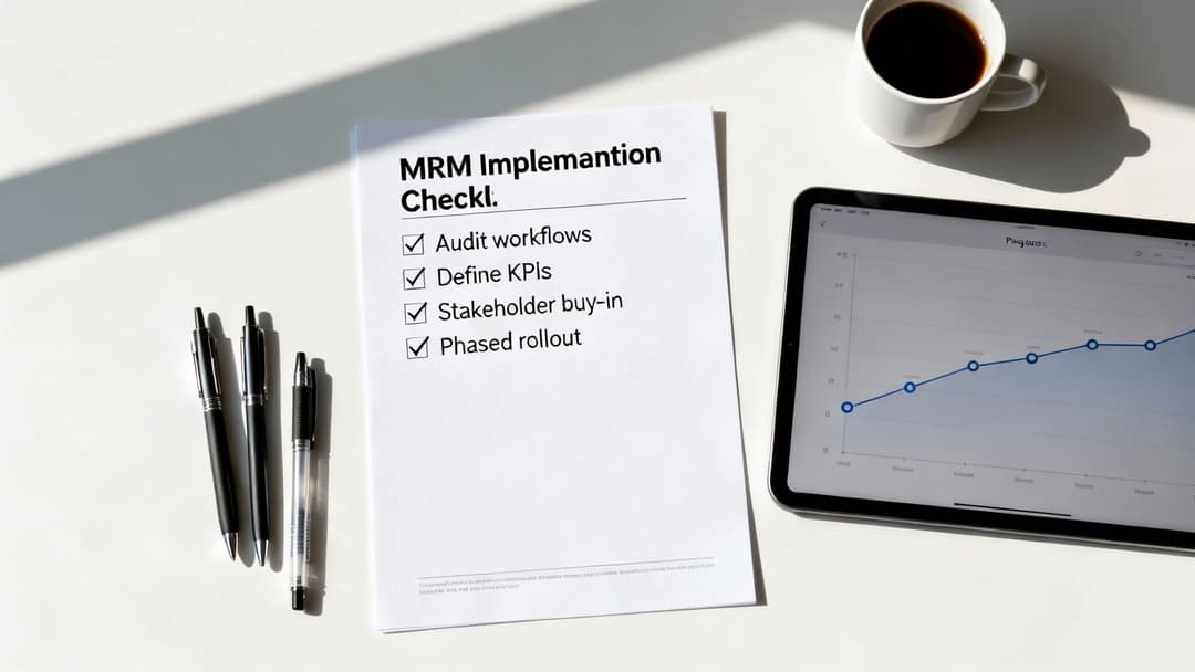 Top-down view of a white desk with an MRM implementation checklist, a tablet displaying a graph, a coffee mug, and pens.