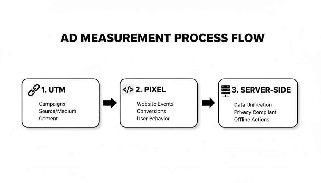 Flowchart illustrating the ad measurement process using UTM, Pixel, and Server-Side tracking for effective analysis.
