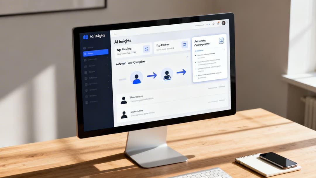 A computer monitor displaying an AI Insights marketing analytics dashboard with campaign management features on a wooden desk.
