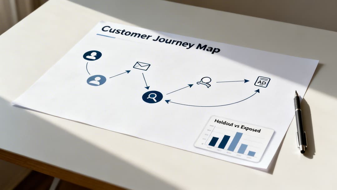 Customer journey map on a desk, illustrating user flow, marketing touchpoints, and ad effectiveness metrics.