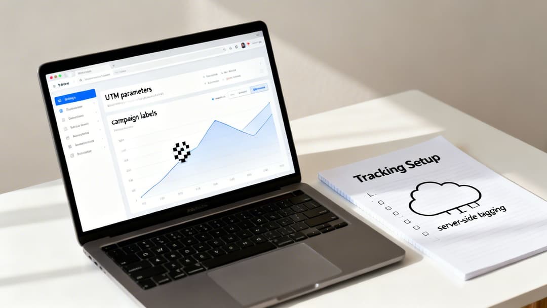 Laptop displays UTM parameters and campaign labels dashboard, beside a notepad on tracking setup and server-side tagging.