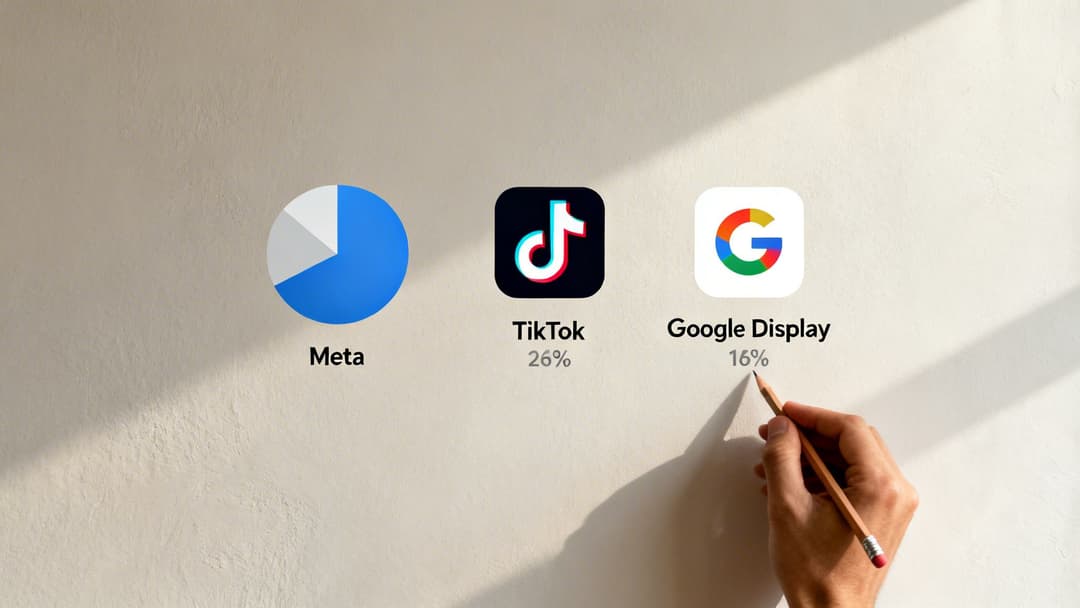 A visual representation of media spending across Meta, TikTok (26%), and Google Display (16%) platforms.
