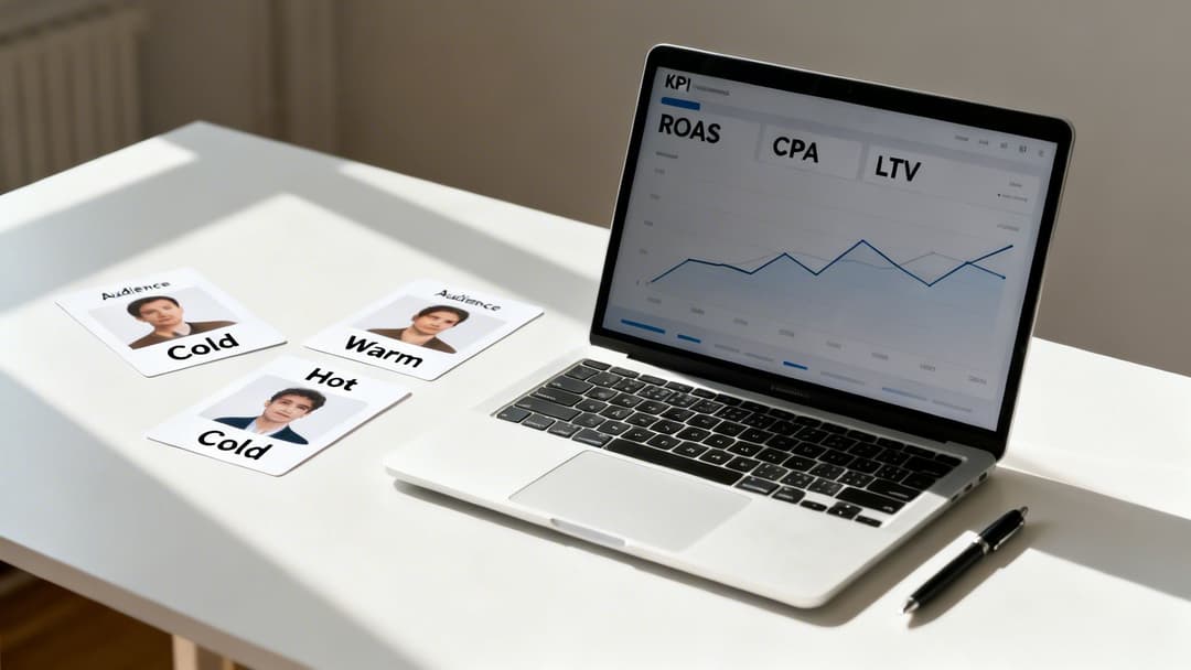 Laptop displaying marketing KPIs with audience segmentation cards on a white desk.