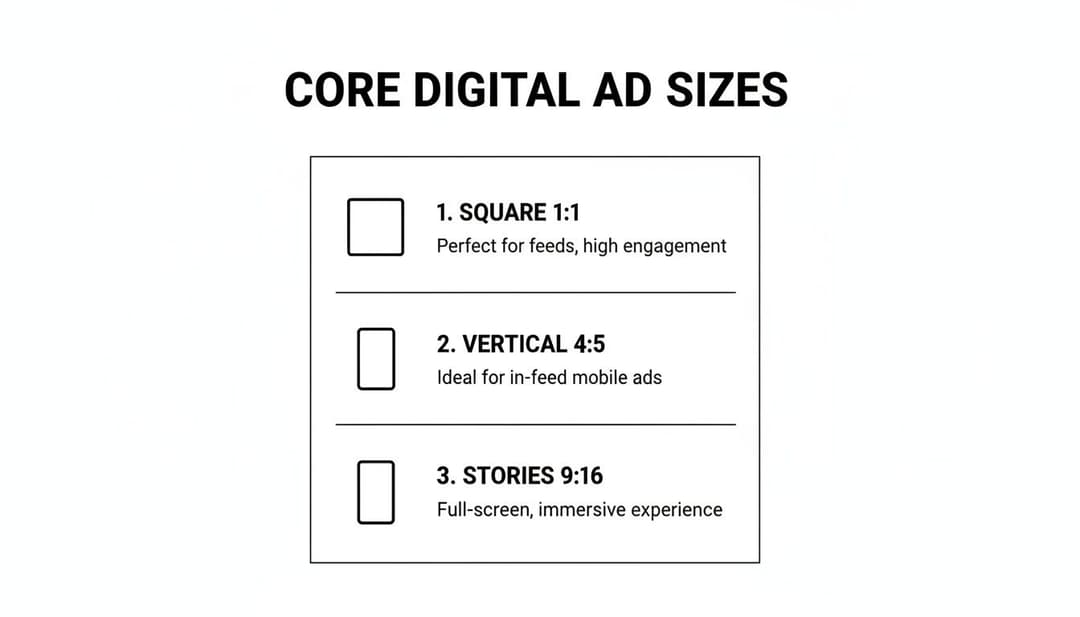 Infographic detailing three core digital ad sizes: square, vertical, and stories, with their uses.