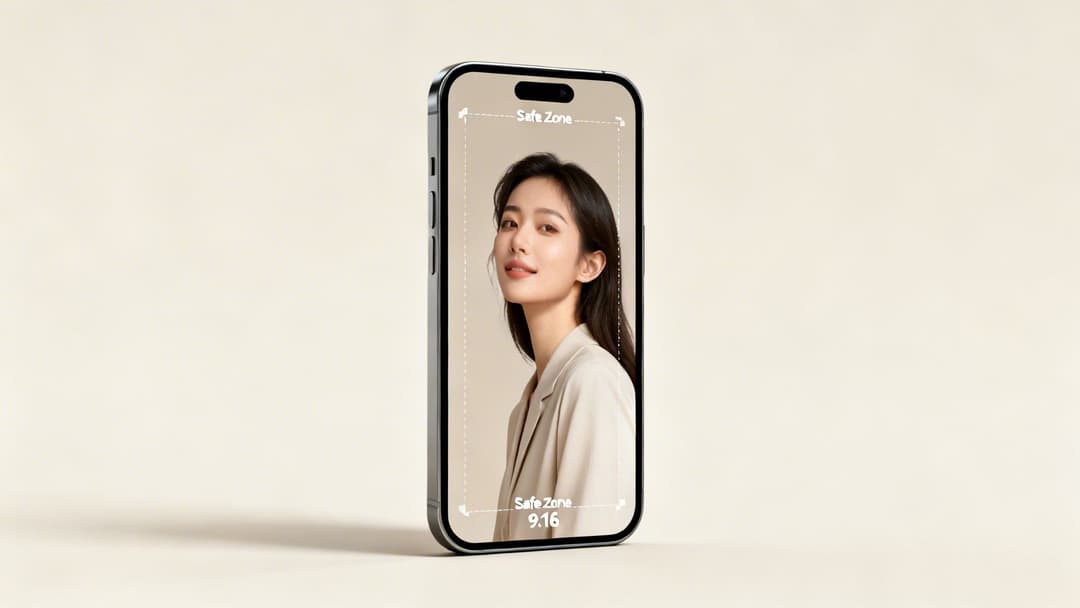 A modern smartphone displaying a portrait of a young woman within a 'Safe Zone' frame on a light background.