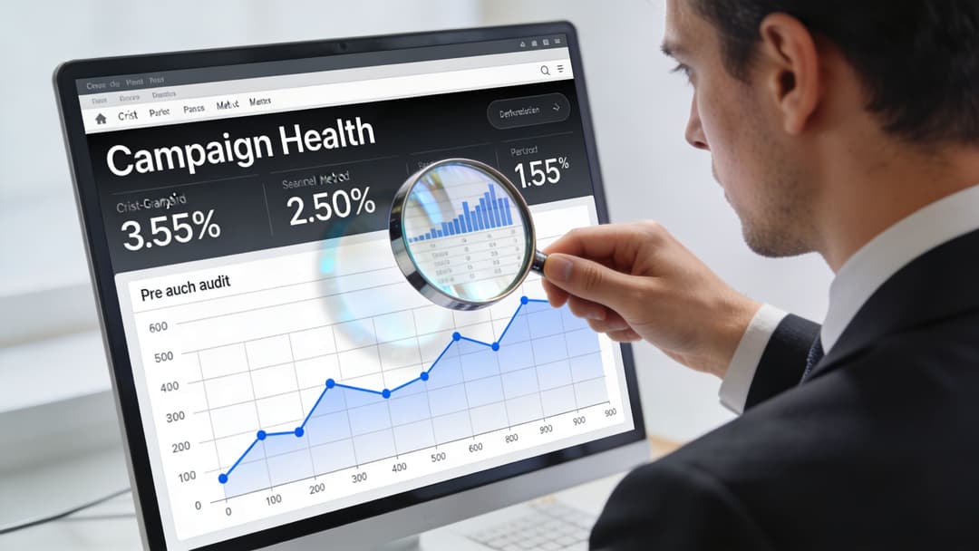 A professional man uses a magnifying glass to analyze campaign health data on a computer screen.