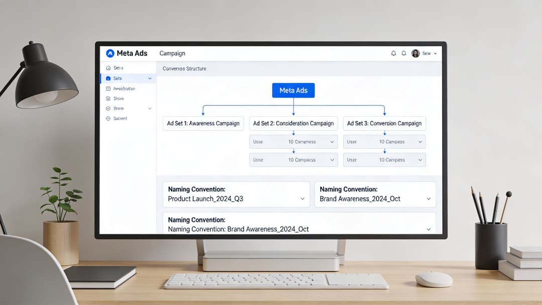A digital display on a desktop showing a Meta Ads campaign hierarchy and naming convention interface structure.