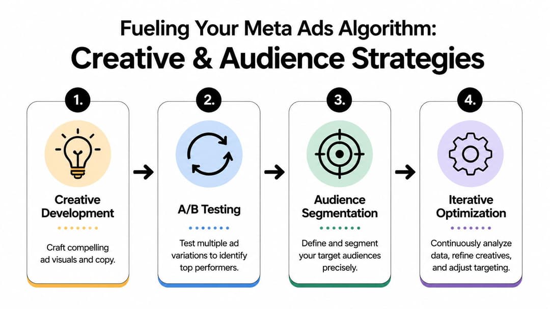 A four-step infographic illustrating a strategic workflow for optimizing Meta advertising campaigns and audience targeting.