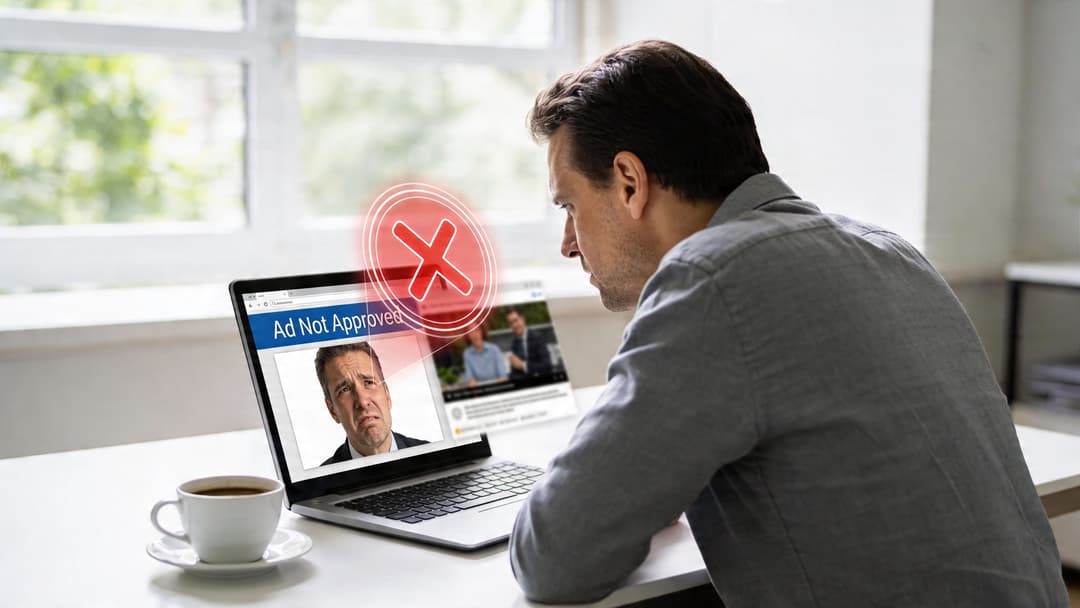 A man looking at a laptop screen showing an advertisement rejection notice for his business marketing campaign.