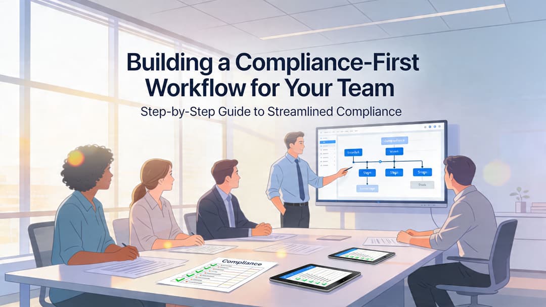 A professional team in a bright office brainstorming a compliance workflow strategy using a digital whiteboard presentation.