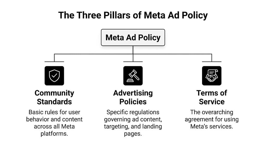 A diagram illustrating the three pillars of Meta Ad Policy, including Community Standards, Advertising Policies, and Terms of Service.