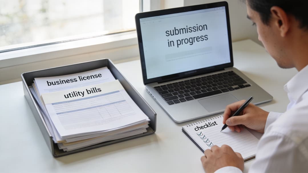 A professional processing business verification documents and checking items off a list on their desk.