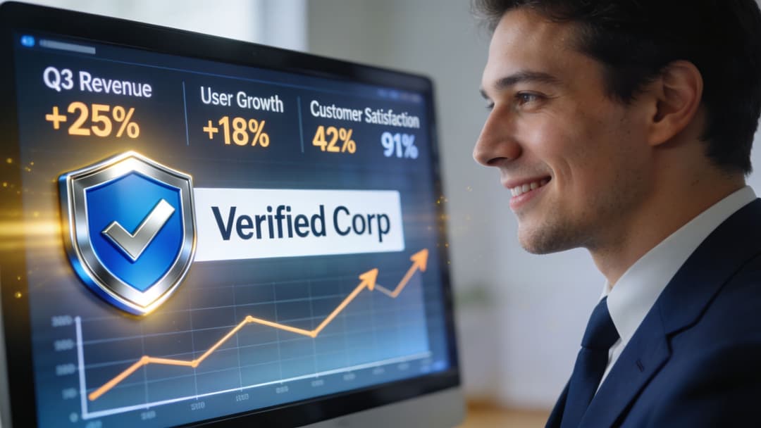 A smiling businessman looking at a computer screen displaying Verified Corp growth statistics and business metrics.