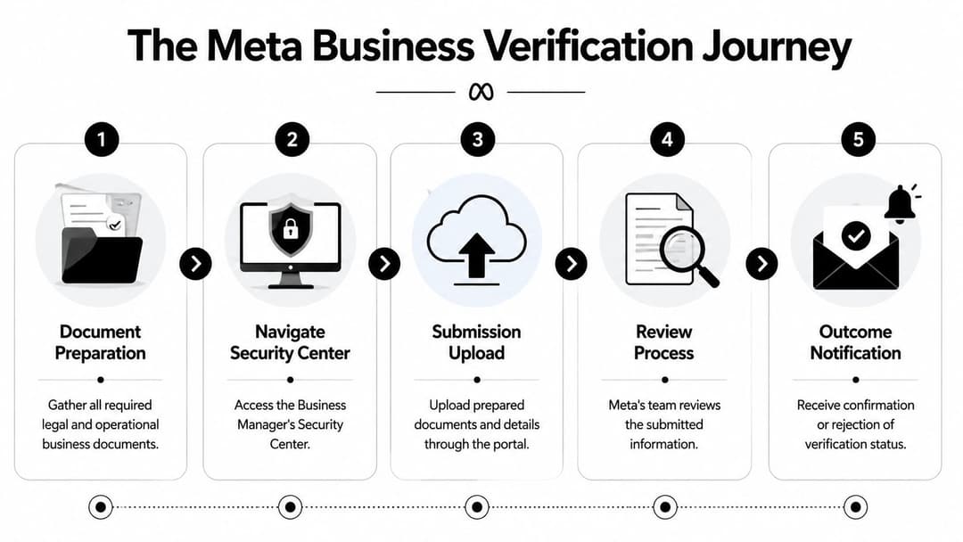 A five-step infographic illustrating the Meta Business Verification process from document preparation to final outcome notification.
