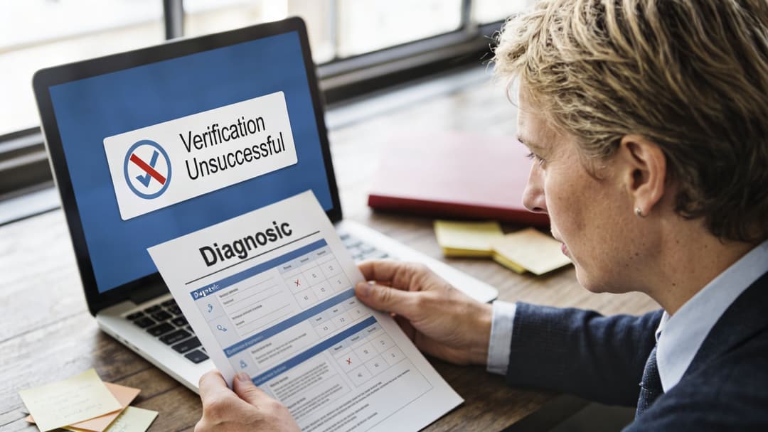 A professional man looks at a diagnostic report while a laptop screen displays a verification unsuccessful message.