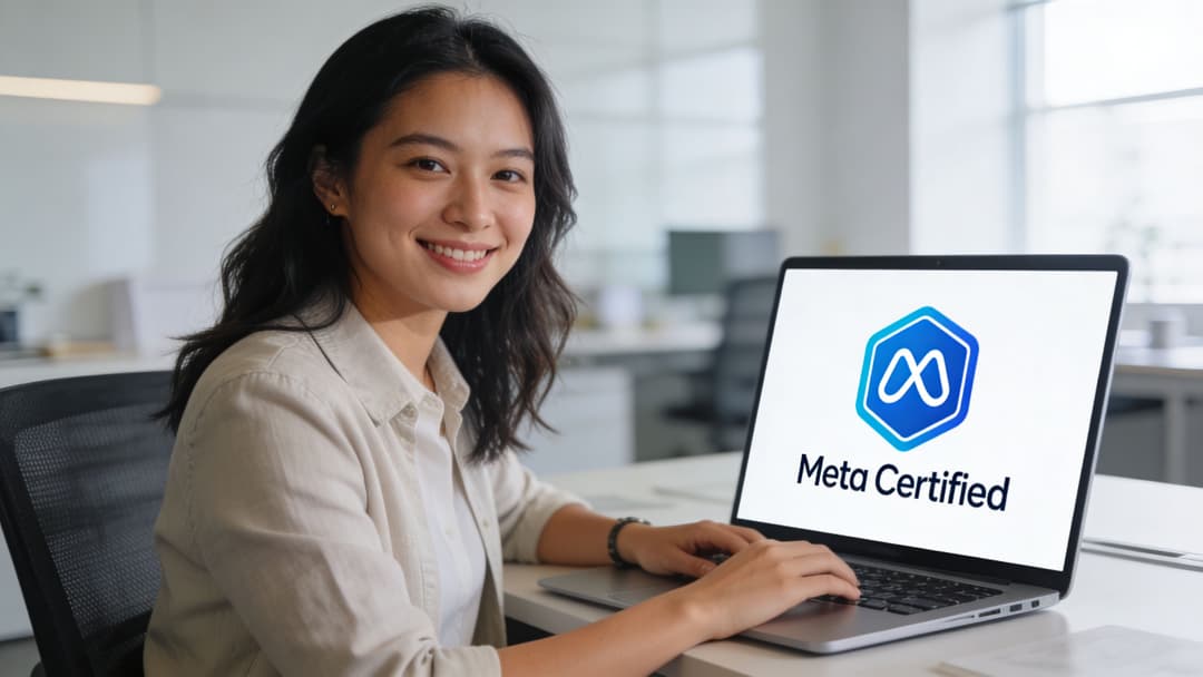 A young woman smiling at the camera while using a laptop with the Meta Certified logo displayed.