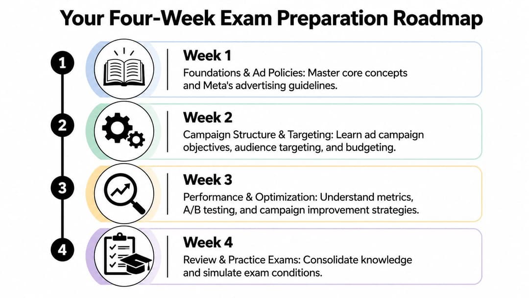 A four-week exam preparation roadmap for Meta certification with weekly learning goals illustrated by icons.