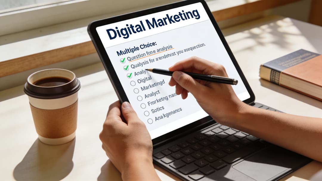 A person using a stylus on a tablet screen showing a digital marketing multiple choice quiz.