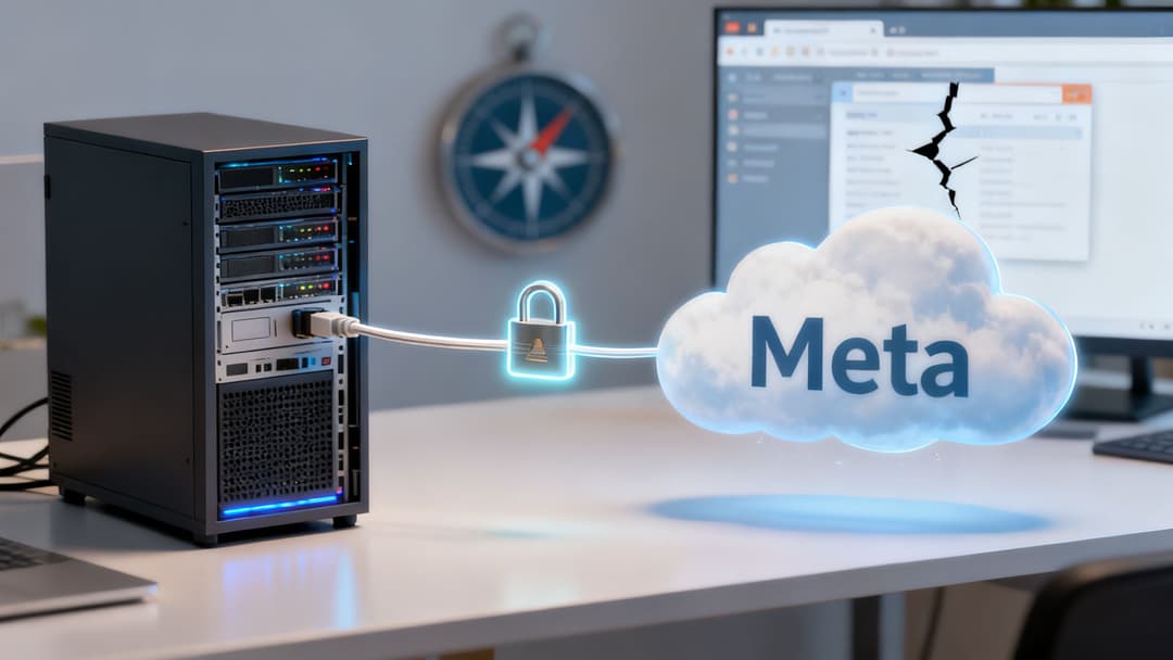 A server connected to a glowing Meta cloud via a secure padlock, with a cracked computer screen.