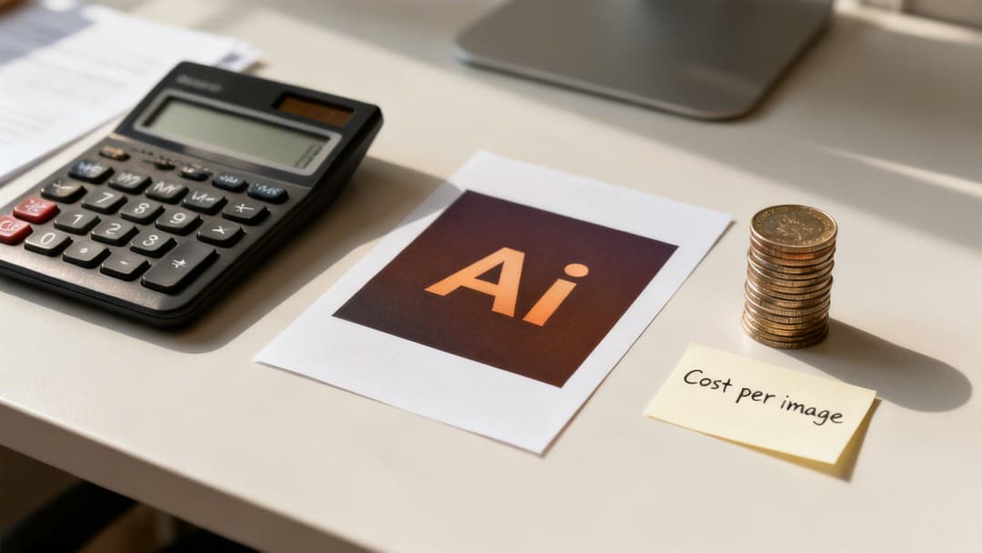 A calculator, an Ai logo print, a stack of coins, and a 'Cost per image' note on a desk, illustrating AI image pricing.