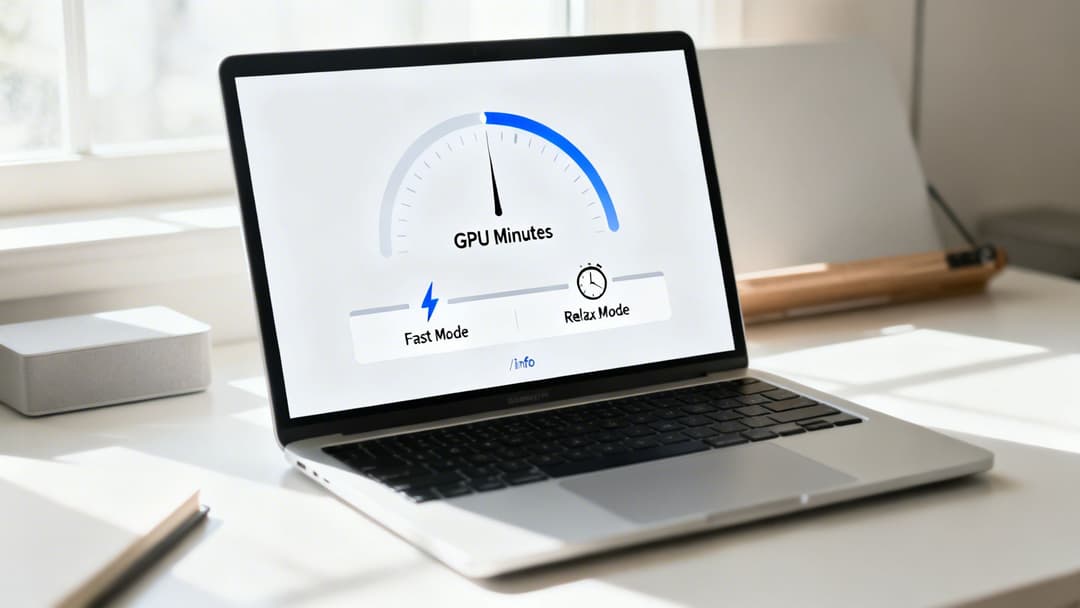 Close-up of a laptop screen showing 'GPU Minutes' gauge and mode selection on a white desk.