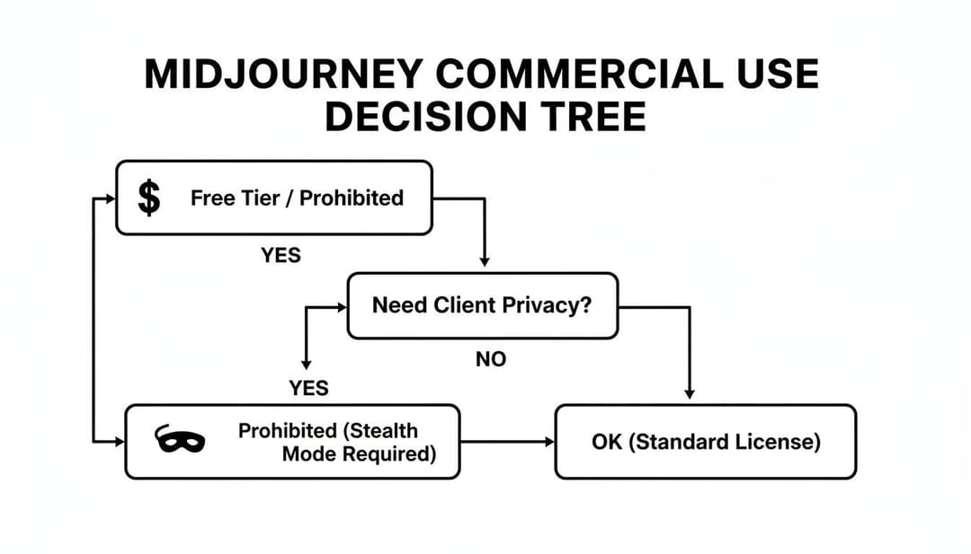 Decision tree for Midjourney commercial use, outlining rules for free tier, client privacy, and licensing.