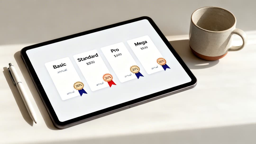 A tablet displays a pricing page with Basic, Standard, Pro, and Mega plans, each offering a 20% annual discount.
