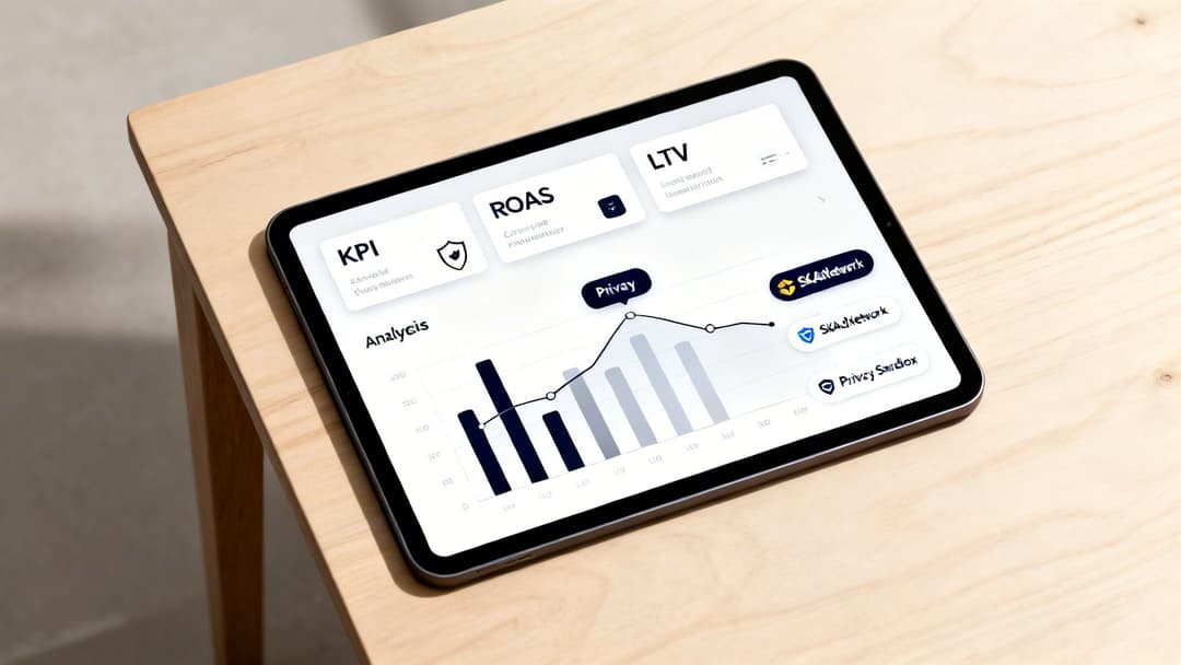 A tablet displays a mobile advertising analytics dashboard with KPI, ROAS, and LTV metrics.