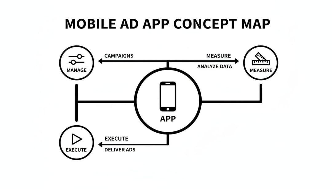 Concept map showing the mobile ad app process, including manage campaigns, deliver ads, and measure data.