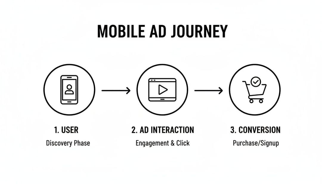 Infographic showing the mobile ad journey from user discovery and interaction to conversion.