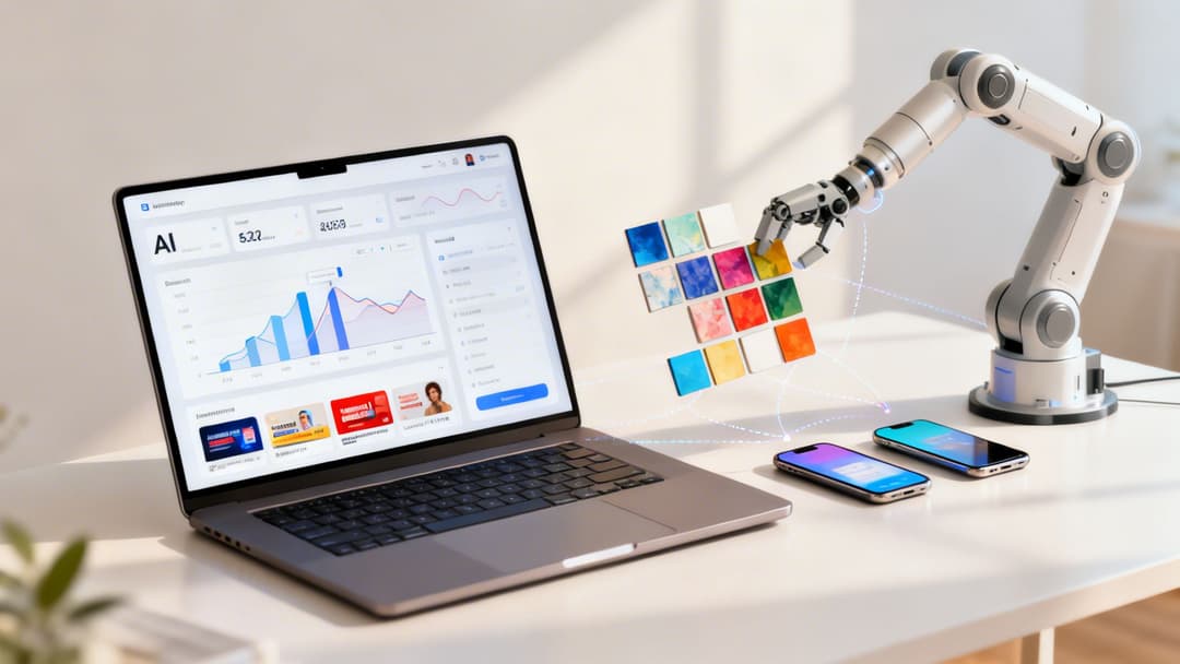 A robotic arm selects colors for mobile apps, connecting them to smartphones, alongside a laptop showing AI graphs.